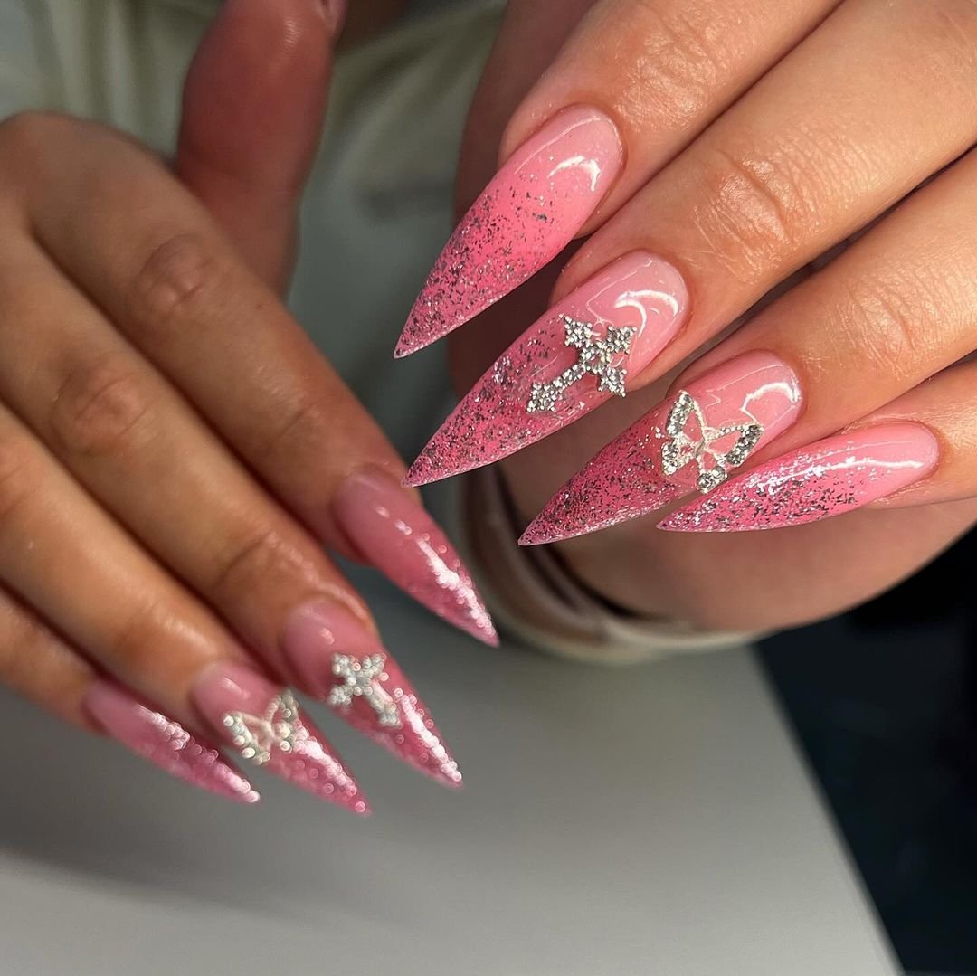 21 - Picture of Pink Glitter Nails