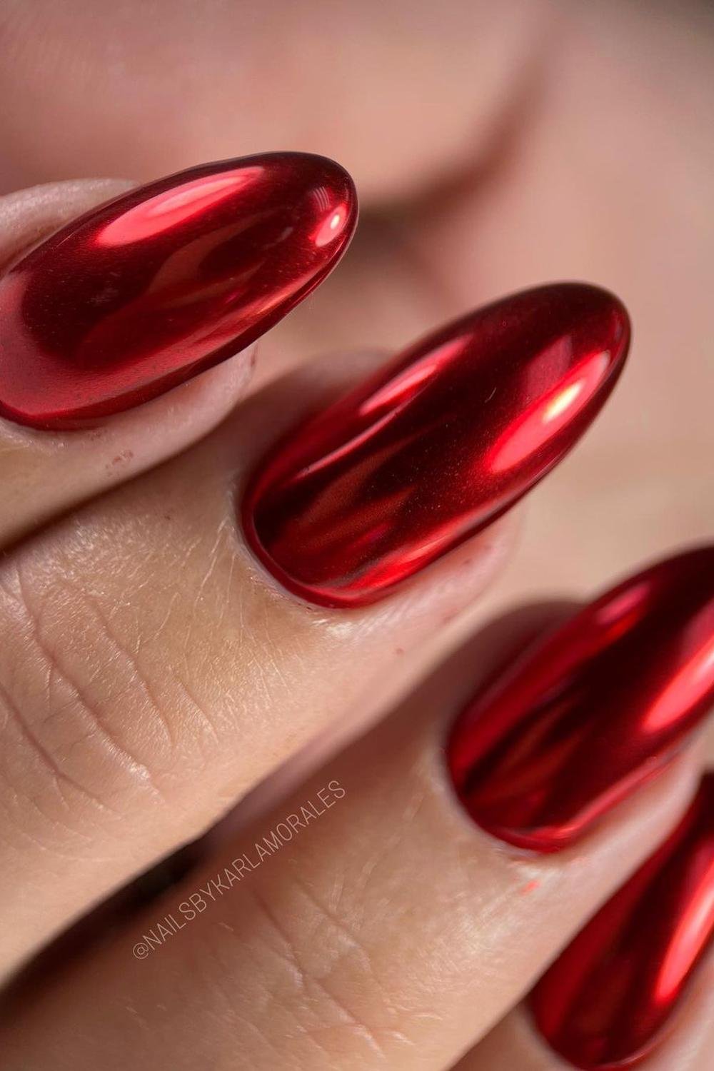 31 - Picture of Red Chrome Nails